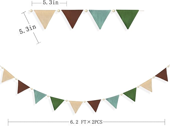 2 Sets of Green Brown Beige Wood Beads Pennant Banner 20pcs Flags Nursery Garland Fabric Linen Triangle Streamers for Kids Jungle Woodland Camping Birthday Party Decorations Baby Shower Bedroom Decor