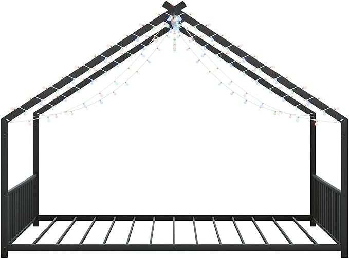 Bellemave Full Size Montessori Floor Beds with Slats for Kids, Metal Full House Bed for Kids, Black with Slats and Lights