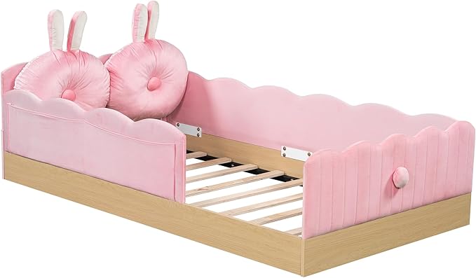 Lovely Twin Size Upholstered Platform Bed with 2 Soft Pillows and Storage Bags, Princess Bed Frame with Cute Rabbit Ear Shaped Headboard and Guardrails for Bedroom, No Box Spring Required (Pink-X52)