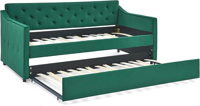Bellemave Twin Upholstered daybed with Trundle, Velvet Sofa Bed Twin Size, daybed with Trundle for Adults, Kids, Girls, Teens, for Living Room, Green