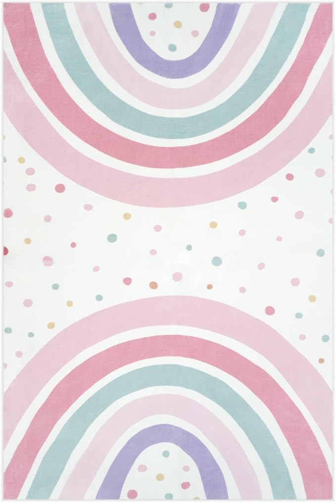 STARUIA 4x6 Washable Rainbow Rug for Nursery Kids Room, Soft Polka Dot Pink Area Rugs for Girls Bedroom, Non-Slip Carpet Kids Rug for Playroom Princess Castle