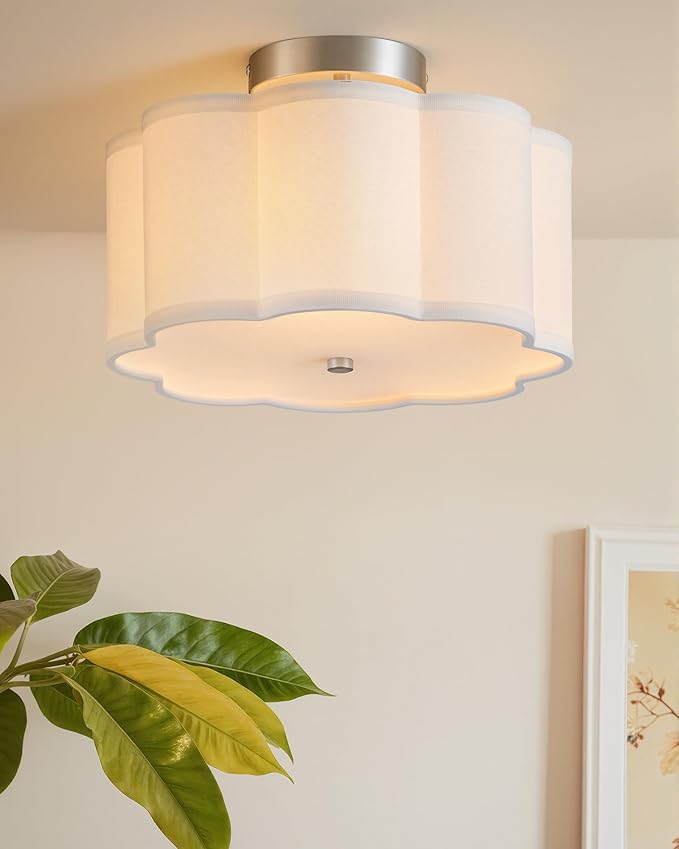 VONLUCE Semi-Flush Mount Ceiling Light, 12.6" Modern 3-Light Ceiling Light Fixture with White Petal-Shaped Shade 3 E26 Sockets for Bedroom Entryway Living Room, Nickel Finish, ETL Certificated