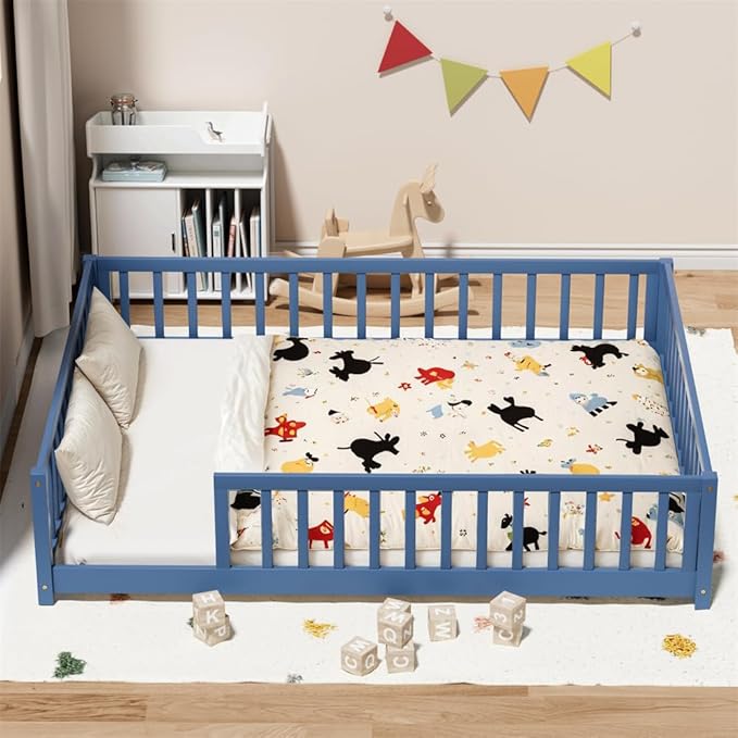 i-POOK Full Floor Bed Frame with Wood Slats, High Fence & Small Door, Pinewood Montessori Floor Bed for Girls and Boys, Mist Blue
