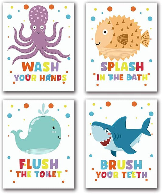 Funny Colorful Bathroom Ocean Life Quotes Art Print, Wash Splash Flush Brush Bathroom Canvas Wall Art Printing, Pufferfish Shark Whale Octopus For Kids Washroom Decor, Set of 4 8X10 inch, No Frame