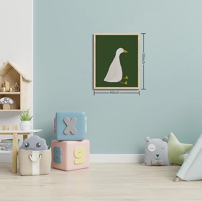 KISSFOX Framed Wall Art Nursery Wall Decor Silly Goose Pictures Kids Cute Animal Canvas Art Green Minimalist Paintings Artwork For Children Boys Girls Room