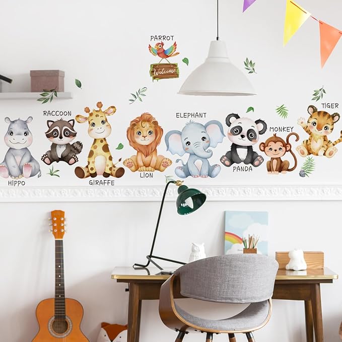 Large Safari Animals Educational Wall Decals Jungle Animals Wall Stickers Lion Panda Giraffe Monkey Tiger Wall Decor Murals for Nursery Kids Room Playroom