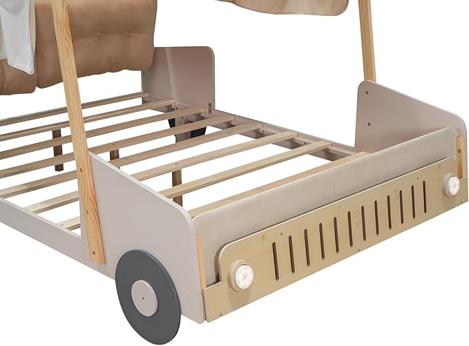 Classic Full Size Car-Shaped Platform Bed with Wheels and Ceiling Cloth, Solid Wood Low Bed Frame with Pillow and LED Lights, Cute Floor Bed for Kids Boy Girls