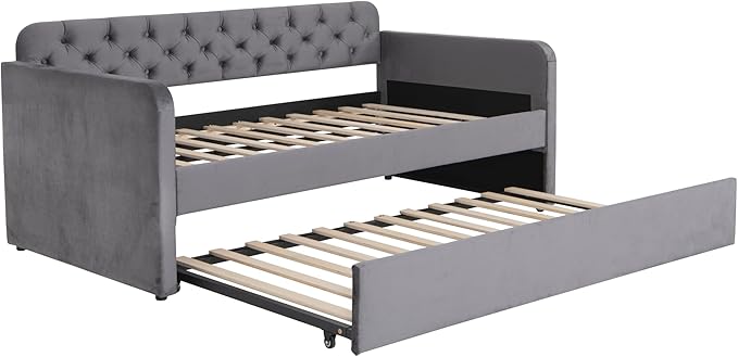 Bellemave Twin Upholstered daybed with Trundle and USB Charging, Velvet Tufted Sofa Bed Twin Size, daybed with Trundle for Adults, Kids, Girls, Teens, for Living Room, Dark Grey