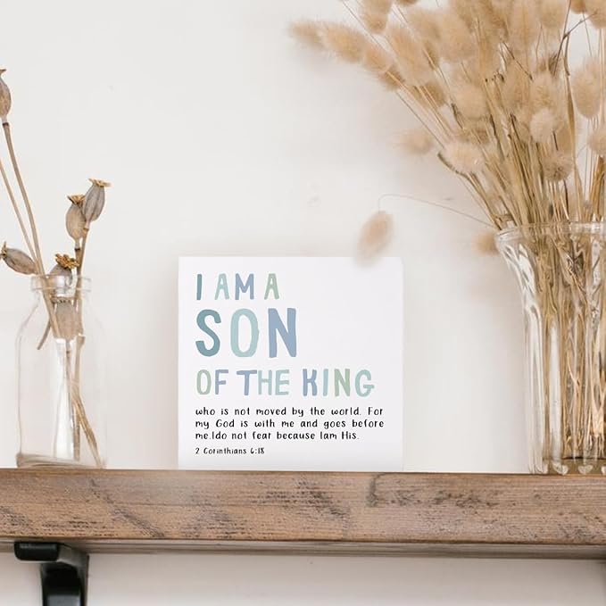Boy Nursery Decor, I Am A Son of The King Wooden Box Block Sign, Bible Verse Sign, 2 Corinthians 6:18 Scripture Decor for Home Baby Boy Room Nursery, 5x5