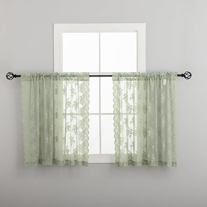 Kotile Sage Green Sheer Curtains 36 Inch Length 2 Panels, Country Rustic Floral Design Spring Short Sheer Curtains for Windows, Rod Pocket Privacy Lace Cafe Curtains, 42 x 36 Inch Each, Sage Green