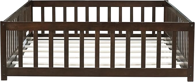Bellemave Full Size Floor Bed for Kids, Girls, Boys, Rubber Wood Floor Bed with slats and Door, Espresso