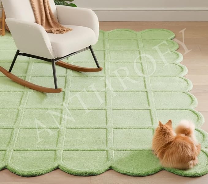 Selena Scallop Area Rug – 4’ x 6' – Handmade Wool Area Rugs – Green – Rugs for Living Room, Bedroom – Anti-Skid – Carpets with Non-Slip Natural Backing with 100% Cotton