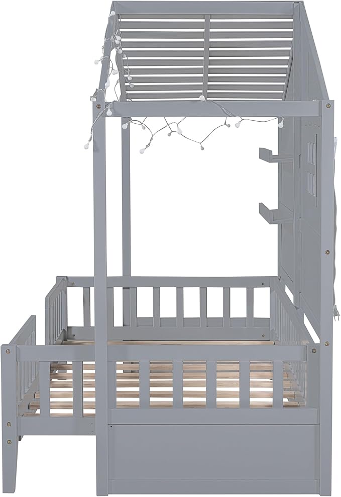 Merax Twin Size House Bed with Shelves, House Bed with Window and Sparkling Light Strip on The Roof, Grey