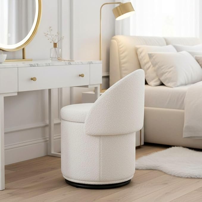 LukeAlon Sherpa Makeup Ottoman with Storage, Upholstered 360° Swivel Vanity Stool with Foldable Backrest Modern Cylindrical Footrest Stool for Living Room Bedroom, White