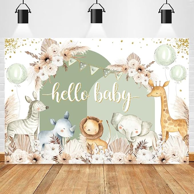 Hello Baby Backdrops Boho Floral Pampas Grass Baby Shower Photography Background Balloon Animals Party Decorations Banner Photo Booth Props(Green, 7x5ft)