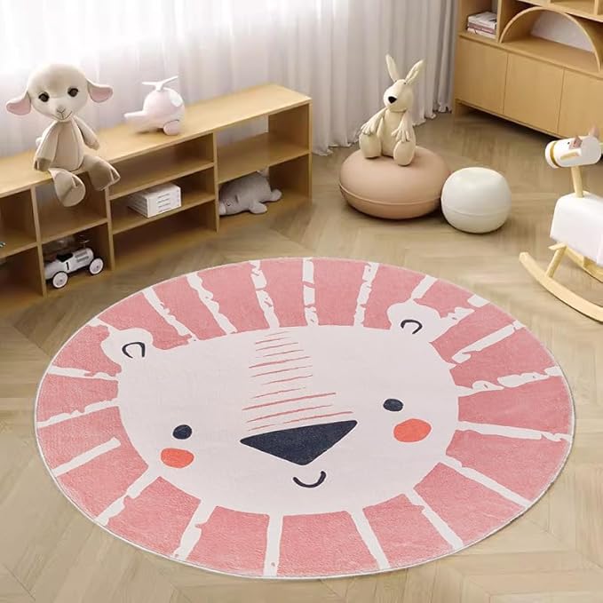 ABREEZE Lion Round Area Rug 4ft, Kids Play Rug Nursery Door Mat Washable Non-Slip Cartoon Themed Children Rug for Bedroom Living Room Kids Playroom,Pink