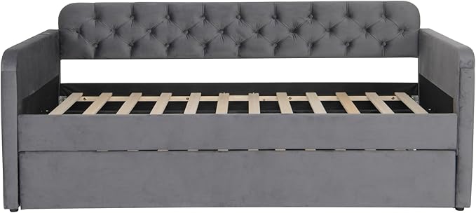 Bellemave Twin Upholstered daybed with Trundle and USB Charging, Velvet Tufted Sofa Bed Twin Size, daybed with Trundle for Adults, Kids, Girls, Teens, for Living Room, Dark Grey