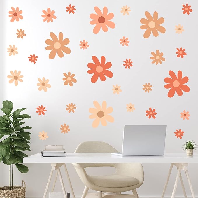 TaoBary 12 Sheets Daisy Wall Decal Flower Wall Sticker Cute Daisy Sticker Pink White Flower Decal Peel and Stick Floral Wallpaper for Nursery Bedroom Home Decor(Orange,Colorful Style)