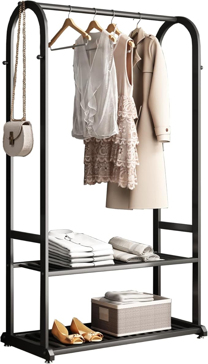 Heavy duty clothes rack,Metal Clothing rack for hanging clothes,garment rack with bottom shelves and 6 side hooks for bedroom cloakroom(black, L:39.4)