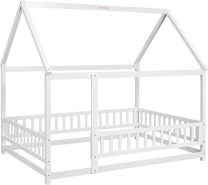 Bellemave Full Size House Floor Bed,Wooden Montessori Bed with Fence and Roof for Kids,Playhouse Full Bed Frame for Girls,Boys(Full,White)
