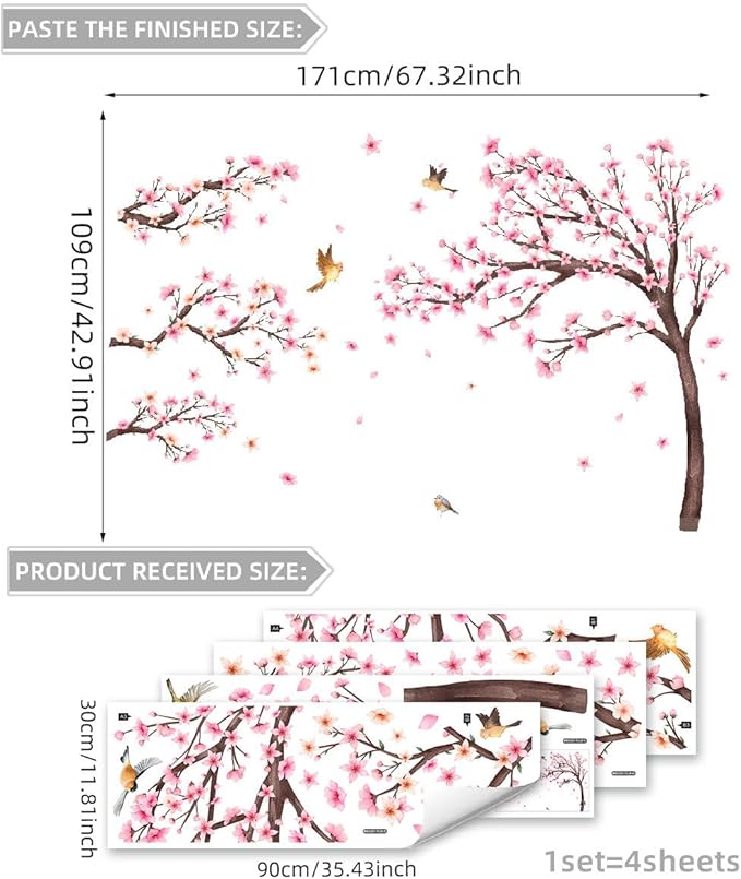 Large Pink Flower Tree Branch Wall Stickers Cherry Blossom Floral Birds Peel and Stick Wall Decals Art for Girls Bedroom Living Room TV Wall Decor