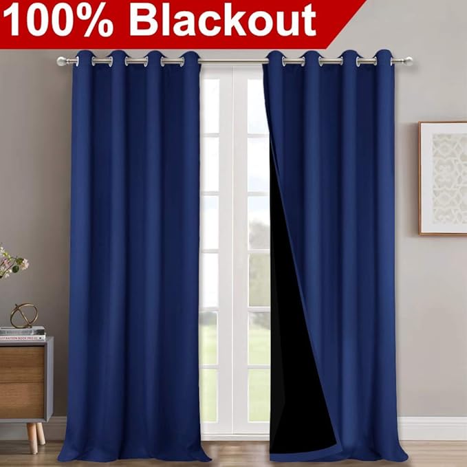 NICETOWN 100% Blackout Curtains for Windows, Pack of 2, Royal Blue, 52" W x 102" L, Super Heavy-Duty Black Lined Total Darkness Drapes for Bedroom, Privacy Assured Window Treatment for Patio