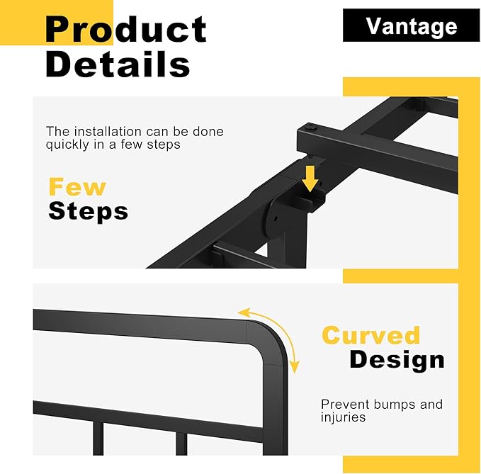 16 Inch Full Size Bed Frame with Headboard No Box Spring Needed, Heavy Duty Metal Platform with Steel Slat, Mattress Foundation, Easy Assembly, No Noise, Black