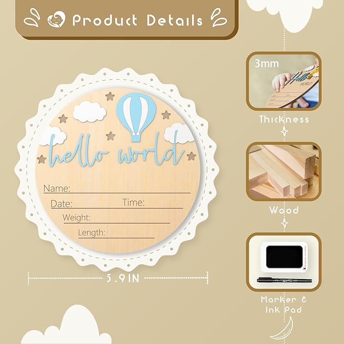Baby Birth Announcement Sign with Marker Pen, Hot Air Balloon and White Cloud Baby Name Sign with Ink Pad, Hello World Newborn Announcement Nursery Decor Keepsake Gifts (Blue)