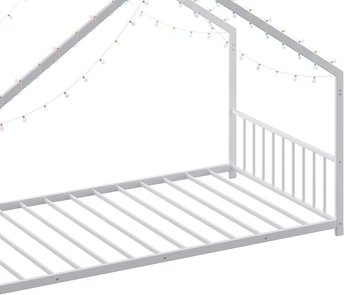 Bellemave Twin Size Montessori Floor Beds with Slats for Kids, Metal Twin House Bed for Kids, White with Slats and Lights