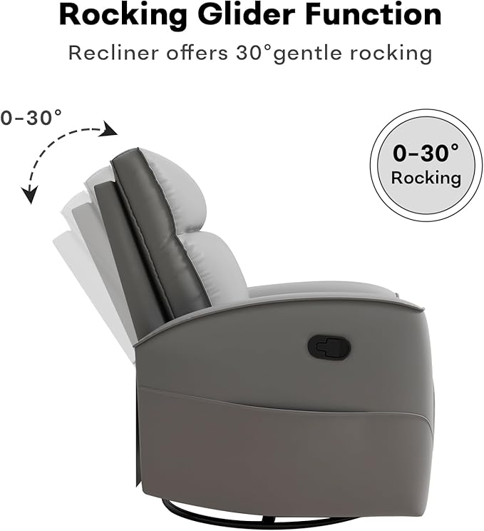 Swivel Rocker Recliner Chair, Manual Faux Leather Glider Rocking Recliners for Adults, 360° Swivel Nursery Reclining Sofa with Storage Pocket