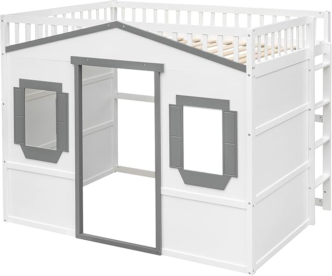 Full Size Loft Bed with Safety Guardrail for Kids Boys Girls, Playhouse Design Solid Wood Loft Bed Frame with Ladder and Windows, Strong Wood Slats Support, Space-Saving (White+Gray)