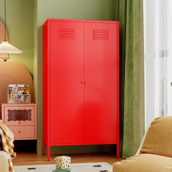 2 Door Metal Wardrobe,Classified Storage Tall Storage Cabinet with Hanging Rod&2 Freely Adjustable Shelves, Metal Armoire Closet for Kids Bedroom, Laundry Room,Home (red)