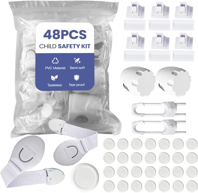 48-Pack Baby Proofing Kit, Child Safety Locks for Cabinet & Drawer, Outlet Covers, U-Shaped Locks & Door Knob Safety Covers, Complete Baby Protection for Home, Kitchen & Bathroom