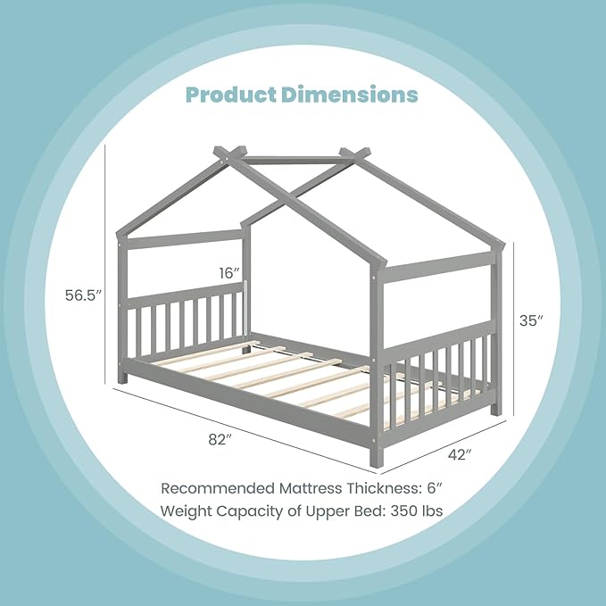 Giantex House Bed Twin, Solid Wood Kids House Bed with Roof, Headboard and Footboard, Low Floor Twin Bed Frame for Toddlers Teens Girls Boys, No Box Spring Needed, Grey