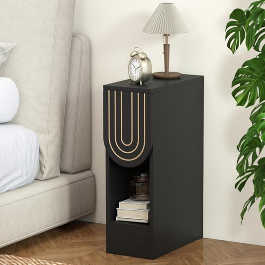 Narrow Nightstand, Slim Bedside Table with Carving Lines Drawer, Mid-Century Modern Small Side End Table for Bedroom Small Space, Wooden Night Stand (1, Black)