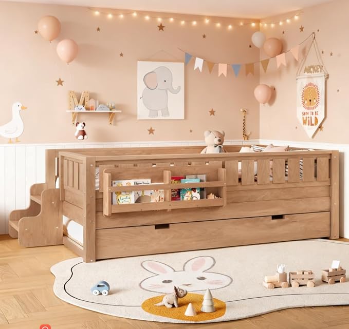 Bellemave Twin Size Kids Bed with high Rails and with Built-in Bookshelf and Trundle for Kids, Girls, Boys, Wood Montessori Bed Without Door, Natural