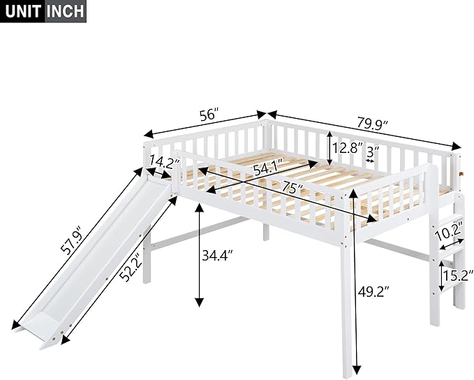 Flieks Full Size Low Loft Bed Frame for Boys Girls Kids Adults Toddler for Boys Girls Kids Adults Toddler with Ladder and Slide,White
