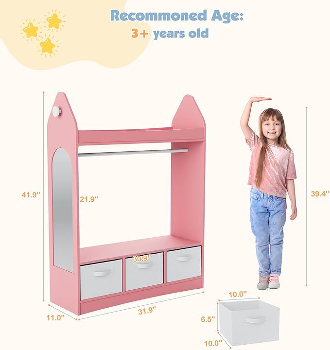 Kids Dress Up Storage Rack Mirror Wood Child Wardrobe 2 Hooks 2 Fabric Bins Toddler Closet Girls Boys Open Hanging Armoire Storage Shelf Coat Costume Hat Shoe (Pink/Rocket/Three Drawers)