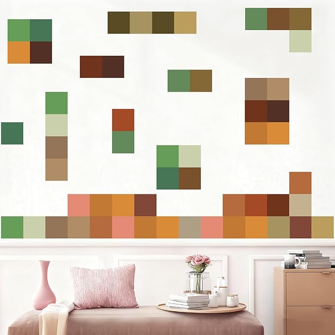 Pixel Block Wall Decals Geometric Square Wall Stickers Removable Pixel Gamer Vinyl Decals Game Room Border Sticker DIY Gaming Color Block Stickers for Playroom Nursery Bedroom Decor