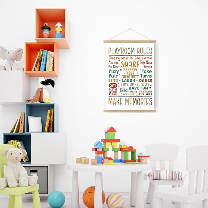 Qswo Playroom Rules Wall Art Poster Hanger Frame,Play Room Hanging Canvas Wall Decor for Kids Nursery School