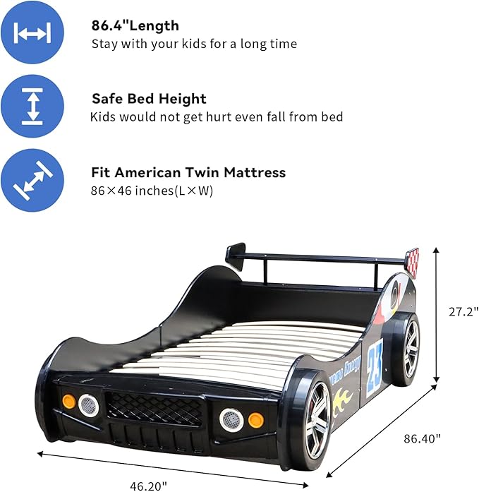 LKTART Car Bed Twin Size for Kids, Race Car Shaped Wooden Platform Bed Frame with Headboard Wheels and Support Slats for Boys Toddlers Child's Bedroom (Black)
