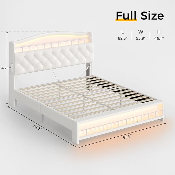 BTHFST Full Size Upholstered Girl Bed with LED Lights & Charging Station, Princess Platform Bed with Hidden Storage Headboard, No Box Spring Needed/Easy Assembly, Beige