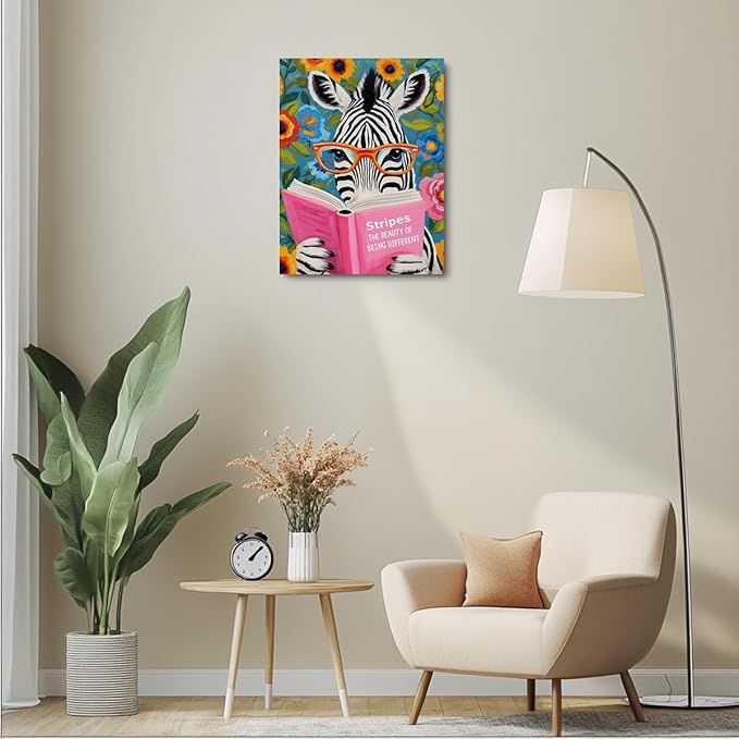 Whimsical Zebra Reading Book Art Print Literary Animal Book Lovers Gifts Wall Decor Canvas Wall Art Framed Artwork for Home Living Room Kitchen Office Decorations Paintings Pictures 11.5X14.5 Inch