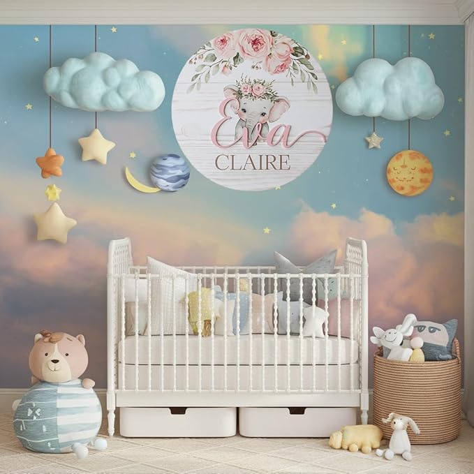 Personalized Name Signs for Kids Room, Floral Elephant Sign for Baby Door Decor, Newborn Gifts for Girl, Girls Nursery Wall Bedroom Decorations, Mother's Day Gifts for New Mom Dad Gift