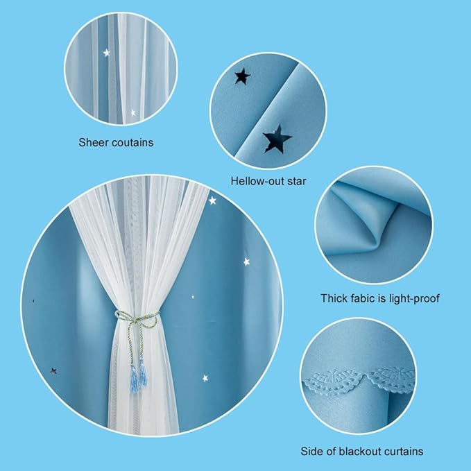 FANLI 2 Panels Star Blackout Curtains for Kid Girls Bedroom Living Room Darking Stripe Double Layer Star Cut Out Wall Home Decor Gradient Grommet Window Curtains (Blue 63L)