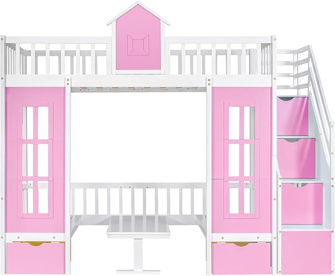 Twin Over Twin Castle House Loft Bed with Stairs and Storage Drawers,Solid Wood Princess Convertible Bunk Bed with Desk and Seat (Pink (Convertible))