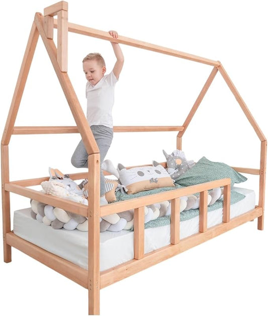 Montessori House Bed - Toddler Bed with Rails - Playpen Bed for Kids Girls & Boys - Busywood Montessori Floor Bed - Kids Bed with Slats - Small, Twin, Full, Queen, King - 7 Colors (Model 1)