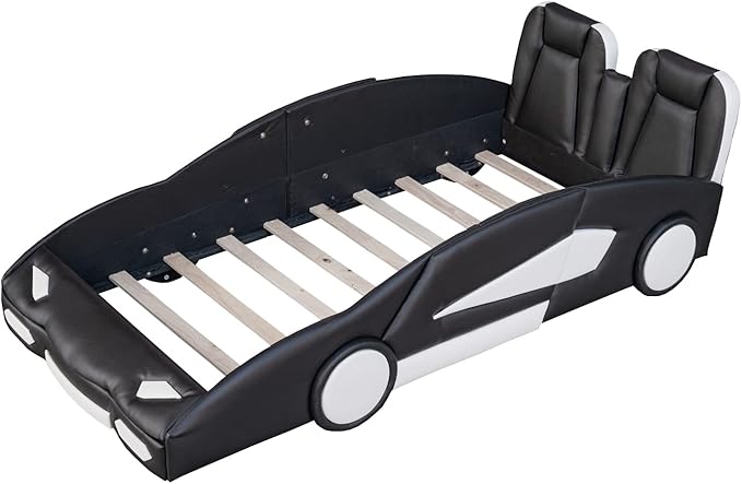 Harper & Bright Designs Twin Size Race Car-Shaped Platform Bed with Wheels, Black