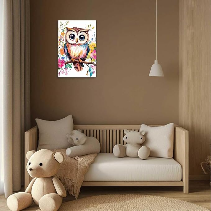 AWPANERAR Owl Canvas Wall Art Watercolor Owl Picture Prints Colorful Flower Painting Cute Animals Poster for Nursery Kids Room Decor Framed (24L x 16W)