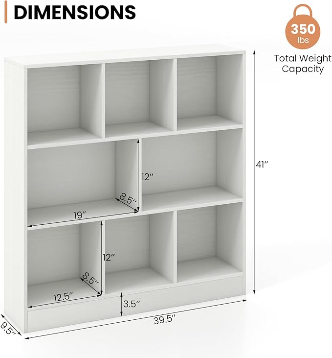 Costzon 8-Cube Bookshelf for Kids, Wooden Toy Storage Organizer w/ 2 Anti-Toppling Kits, 3 Tier Open Shelves & Non-Slip Foot Pads, Montessori Toy Shelf for Kids Rooms, Playroom, Classroom, Nursery